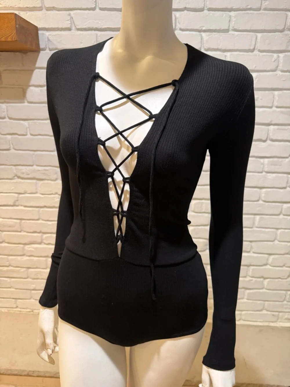 Reformation Black Lace-Up Bodysuit Tie Front Long Sleeve Size S